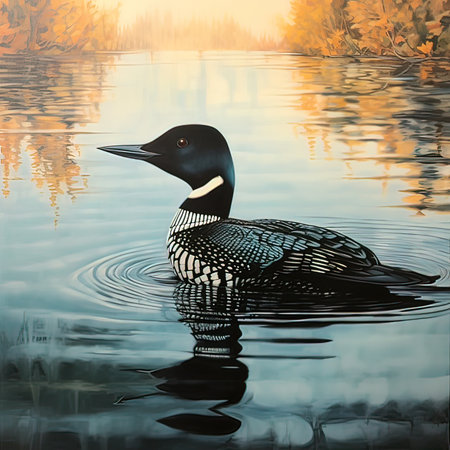 Loon on the lake in the autumn forest. Watercolor paintingの写真素材