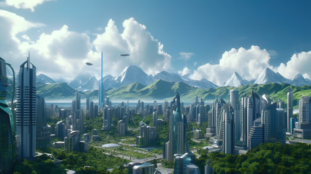 3D rendering of futuristic city with skyscrapers and high mountainsの写真素材