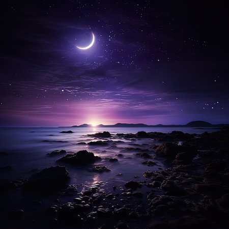 Beautiful night seascape with moon and stars. Collage.の写真素材