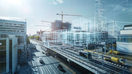 Double exposure of modern cityscape and expressway with bridge and buildingの写真素材