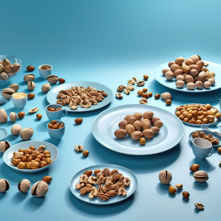 Mix of nuts in blue plate on blue background. 3d renderingの写真素材