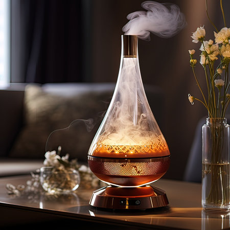 Aroma oil diffuser in the interior of the room with flowersの写真素材