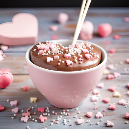 Cup of hot chocolate with marshmallow and hearts on wooden backgroundの写真素材