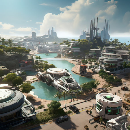 3D rendering of a futuristic city with a futuristic theme park.の写真素材
