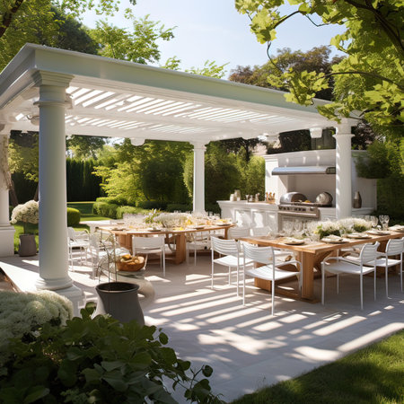 Outdoor patio with tables and chairs in garden. 3d renderの写真素材
