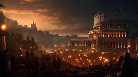 Rome, Italy at night with the Colosseum in the backgroundの写真素材