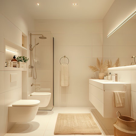 Bathroom interior in beige tones. 3D rendering.の写真素材