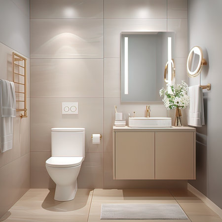 Bathroom interior in beige tones. 3D rendering.の写真素材