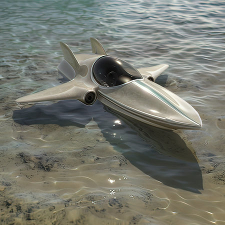 3D rendering of a futuristic ship in the sea, seen from aboveの写真素材