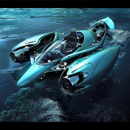 3D rendering of two futuristic kayaks floating in the sea.の写真素材