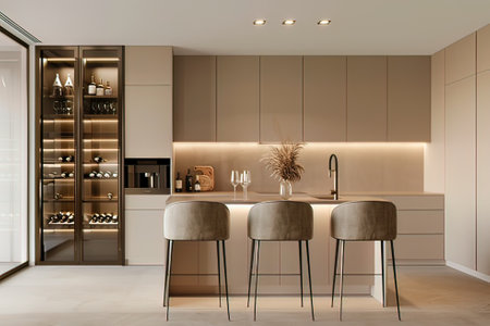 Luxury kitchen interior in beige tones. 3d renderの写真素材