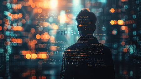 Silhouette of a hacker in front of a blurred city background