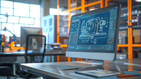 3D rendering of an industrial workspace with a computer and a tabletの写真素材