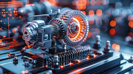 3d rendering of gear wheels on circuit board with colorful bokeh backgroundの写真素材