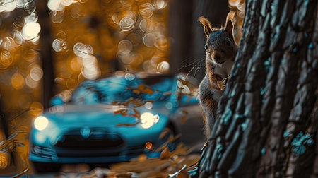 Squirrel on the background of a blue car in the autumn forestの写真素材