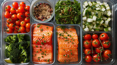Healthy food clean eating selection. Fresh salmon fillet, cherry tomatoes, arugula and cucumber salad in plastic boxes.の写真素材