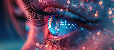 Close-up of human eye with binary code. 3D renderingの写真素材