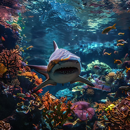 Shark swimming in the ocean. Underwater world. 3d renderの写真素材