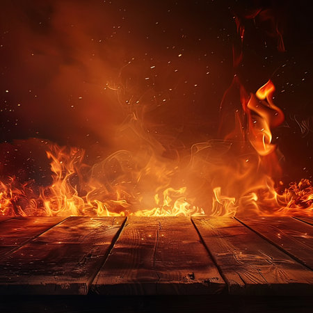 Wooden table in front of a burning fire on a dark backgroundの写真素材