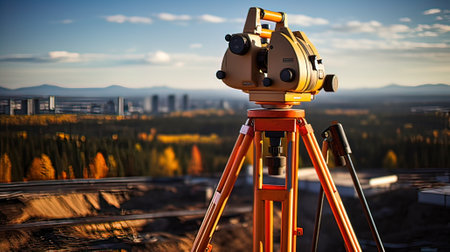 Surveyor equipment on the construction site. Theodolite or theodolite is theodolite instrument for measuring the ground level.の写真素材