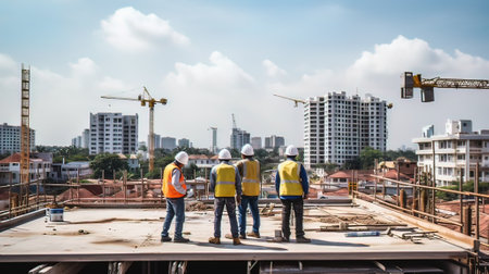 Engineer and Architect working on construction site with building crane and blue skyの写真素材