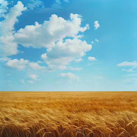 Wheat field and blue sky with clouds. Nature composition. 3d renderの写真素材