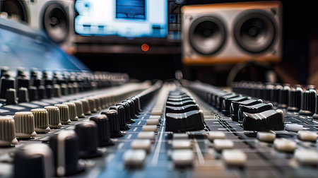Audio mixer control panel in recording studio, close-up shot.の写真素材