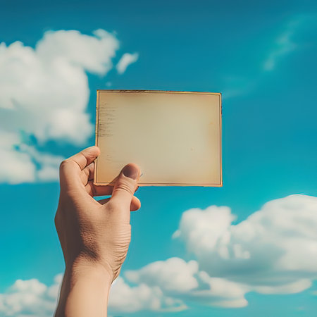 Hand holding a blank book on blue sky background with white clouds.の写真素材