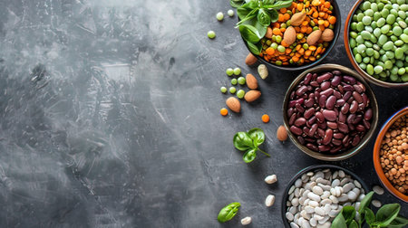Various legumes in bowls on stone background. Top view with copy space