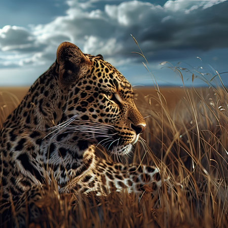 Leopard in the grassland of Maasai Mara National Park in Kenya
