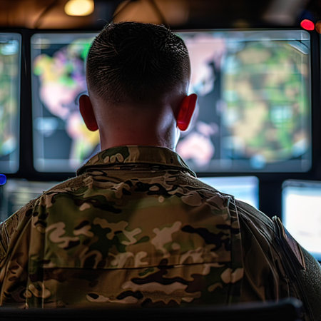 Soldier in a military uniform is playing a video game at night