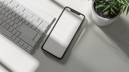 Smartphone mockup with blank screen, keyboard and mouse. 3d rendering