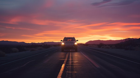 Truck driving on a highway at sunset in the Mojave Desert