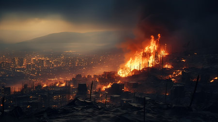 Image of burning city at night. Disaster concept. 3D rendering