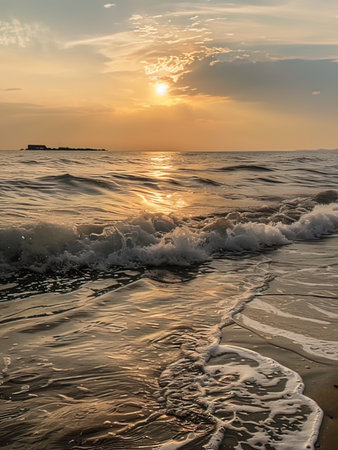 Sunset on the beach of the sea with waves and foam.の写真素材