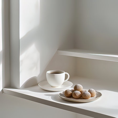 Cup of coffee and cookies on a white shelf with a window in the backgroundの写真素材