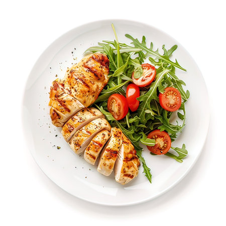 Grilled chicken fillet with arugula and cherry tomatoes. Isolated on white background.の写真素材