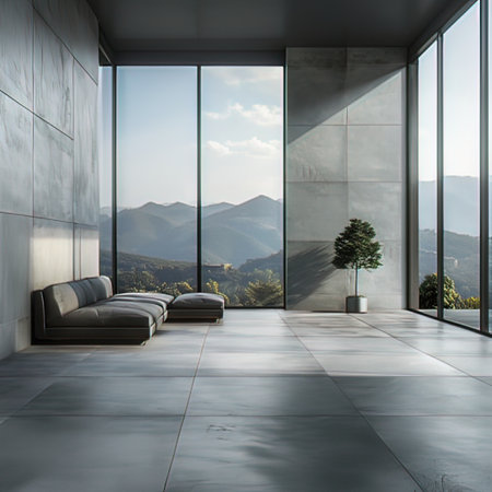 Interior of modern living room with panoramic window and mountain viewの写真素材