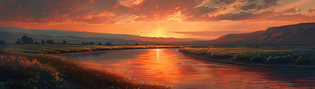 Sunset over the river. Landscape. Panoramic view.の写真素材