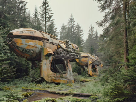 Foggy landscape with an old abandoned ship in the forest.の写真素材