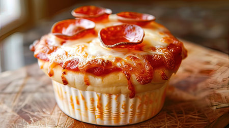 Cottage cheese pie with salami and tomato sauce on wooden boardの写真素材