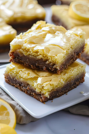 Lemon pie on a white plate, selective focus, square imageの写真素材