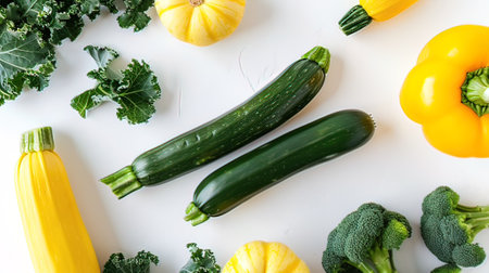 Green zucchini, yellow bell pepper and broccoli on white backgroundの写真素材