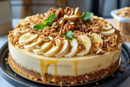 Peanut butter cake with banana, pecan nuts and mint.の写真素材