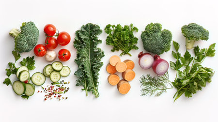 Composition with fresh vegetables on white background, top view. Diet foodの写真素材