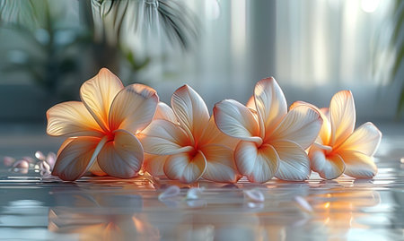 Frangipani flowers floating on water with reflection. 3D renderingの写真素材