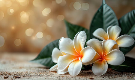 White frangipani flowers on wooden table with bokeh backgroundの写真素材