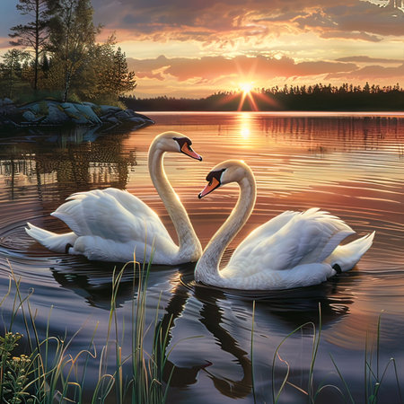 Two swans swimming in the lake at sunset. 3d renderingの写真素材