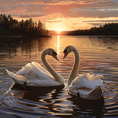 Two graceful white swans swimming on the lake at sunset or sunrise. Beauty of nature.の写真素材