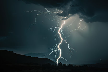 Lightning strike in the dark stormy sky. 3d renderingの写真素材